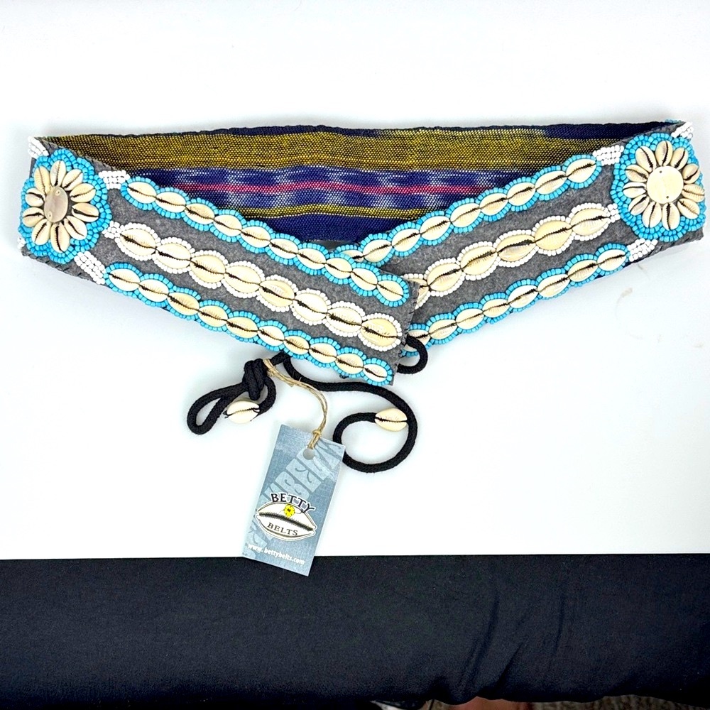 Betty Belt Beaded Shell Belt - Blue and Cream OS 30"